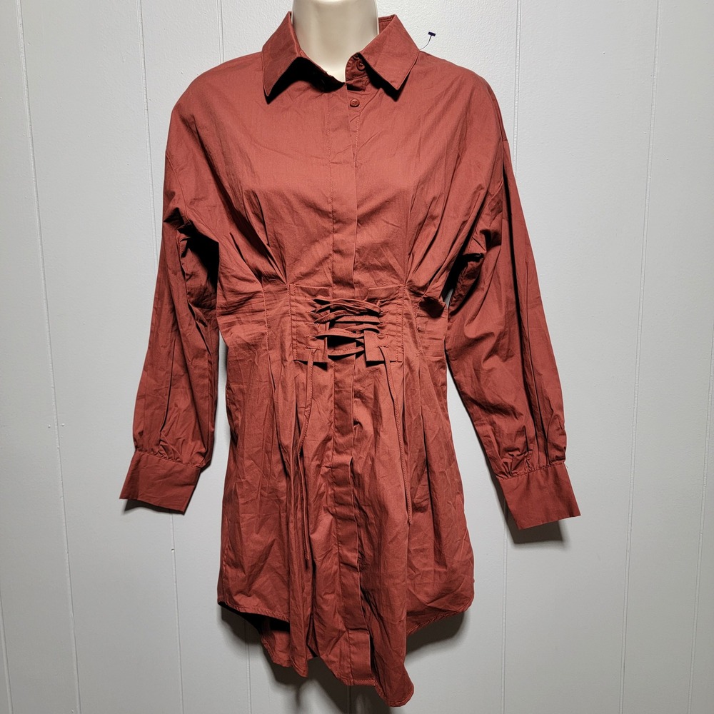 Shero Rust Cotton Long Sleeve Corset Waist Button Down Shirt Dress Small SDH0047